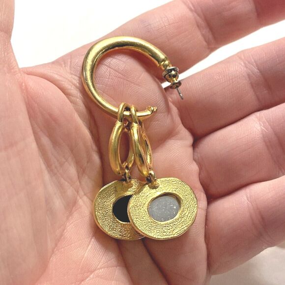 Mod goldtone pierced earrings drop dangle hoops rich black & white designer chic - Picture 4 of 5